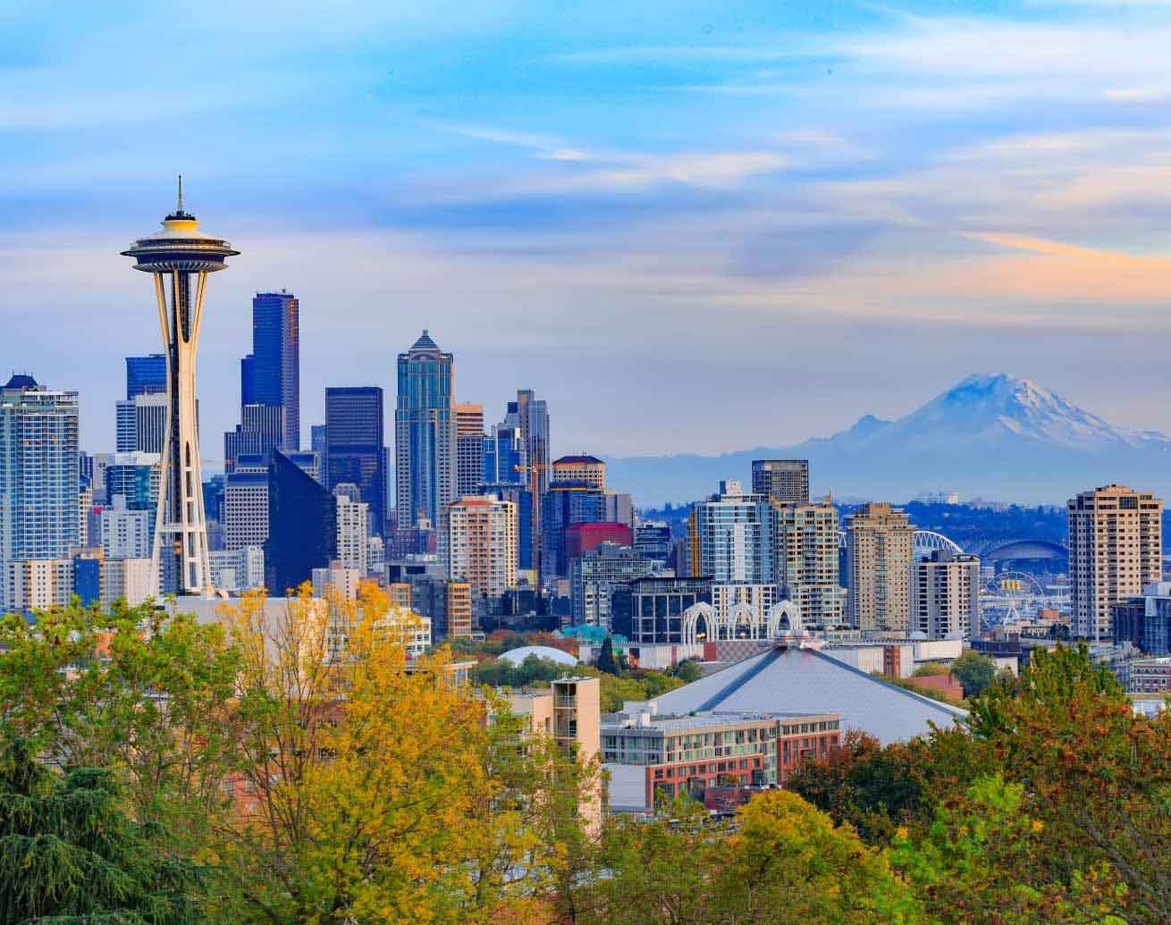 Seattle skyline showing Space Needle and Mt. Rainier
